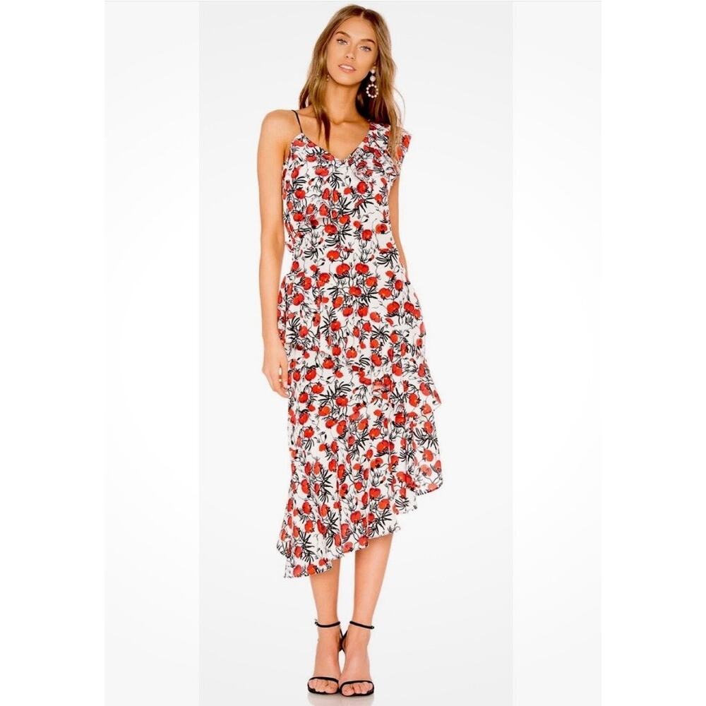 DELFI Collective Zarina Ruffle Tiered Floral Midi Dress Red White Medium